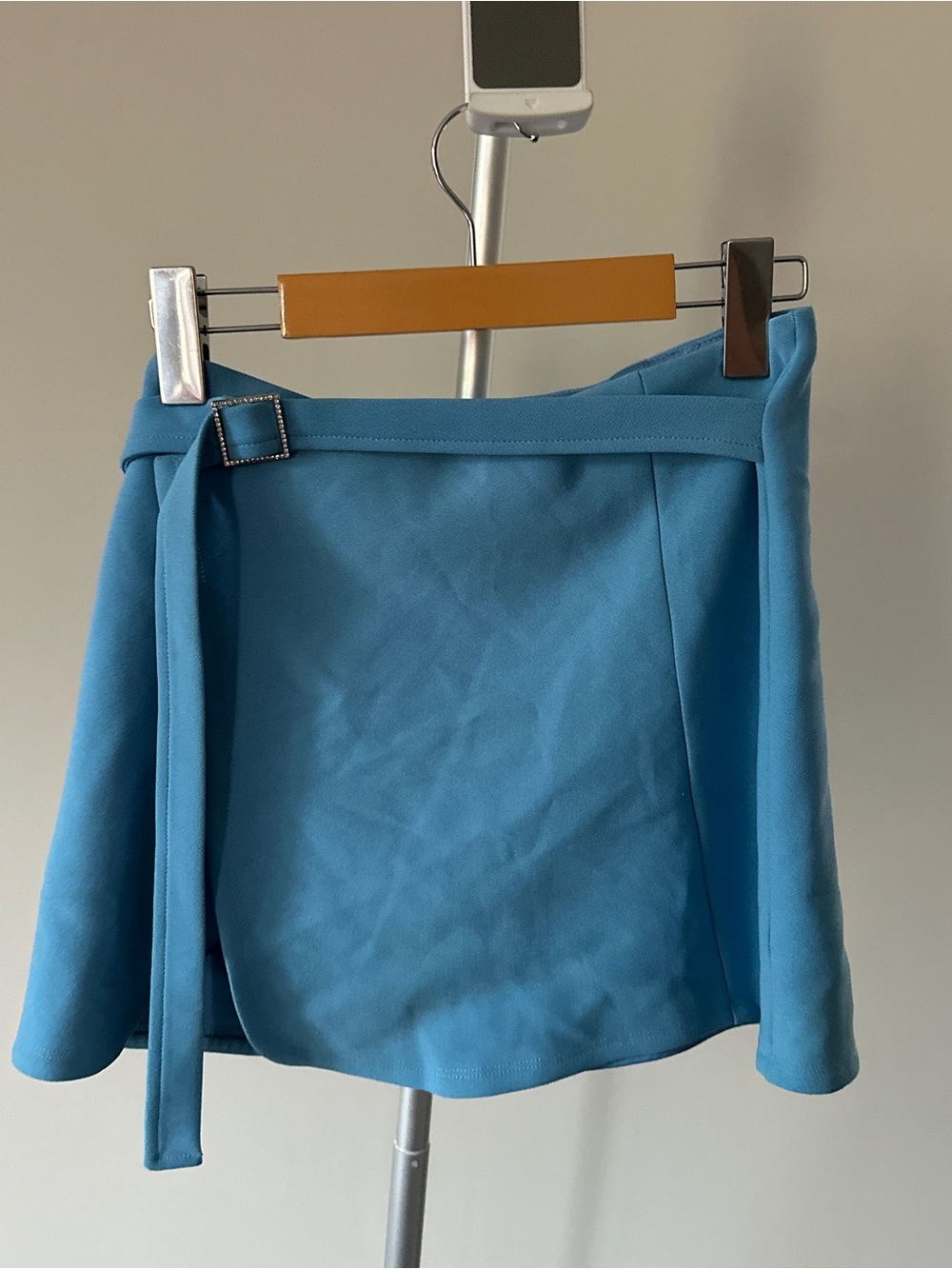 White Fox Boutique Blue Wrap Mini Skirt with Rhinestone Tie Belt